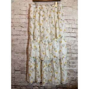 Happy Nature Prairie Skirt Womens Medium Cream Floral Ruffle Tiered Midi Flare